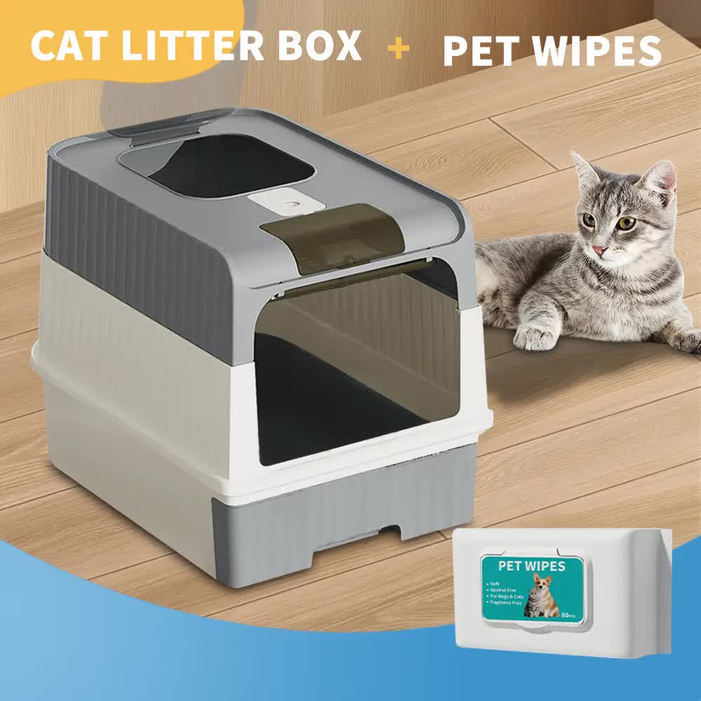 Huge Cat Litter Box Bundle with Free 80 Pet Wipes & Scoop, Drawer Type Enclosed Potty, Anti-Splashing Cat Toilet Kit for Big Cats