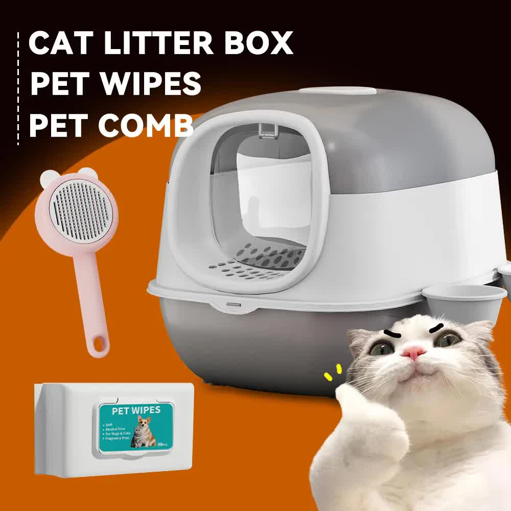 Huge 56cm Cat Litter Box Bundle with Free Pet Comb & 80 Wipes, Hooded Enclosed Potty with Drawer, Anti-Splashing Cat Toilet Cleaning Kit for Big Cats