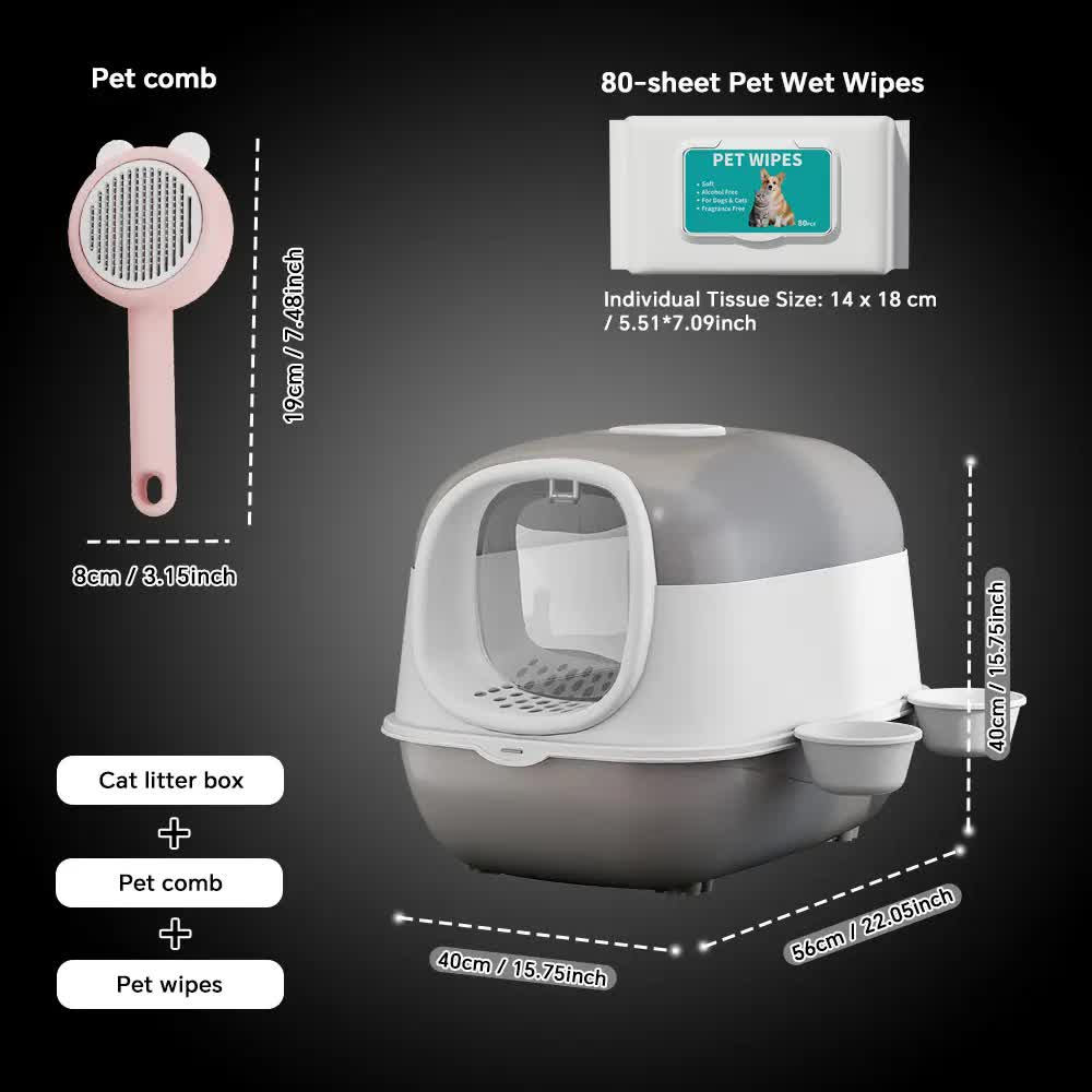 Huge 56cm Cat Litter Box Bundle with Free Pet Comb & 80 Wipes, Hooded Enclosed Potty with Drawer, Anti-Splashing Cat Toilet Cleaning Kit for Big Cats