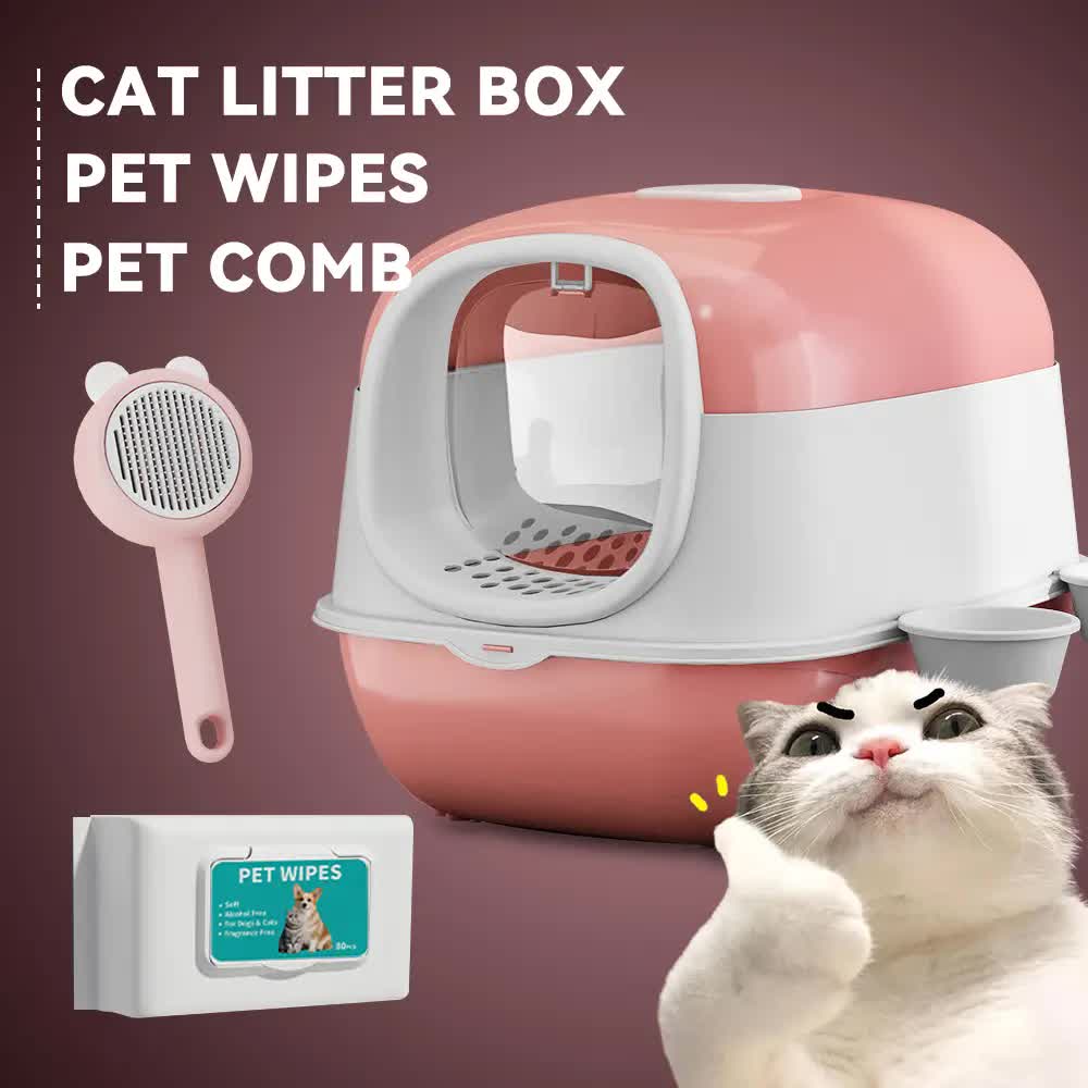 Huge 56cm Cat Litter Box Bundle with Free Pet Comb & 80 Wipes, Hooded Enclosed Potty with Drawer, Anti-Splashing Cat Toilet Cleaning Kit for Big Cats