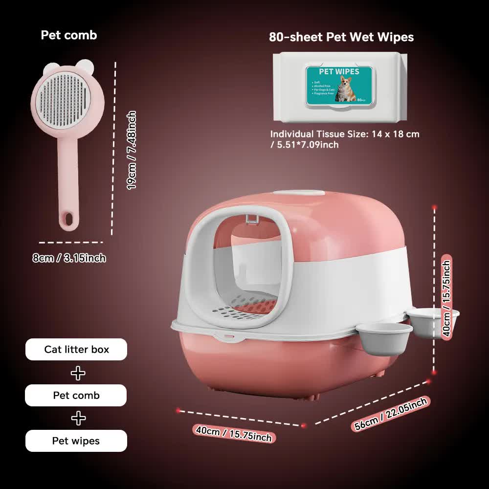 Huge 56cm Cat Litter Box Bundle with Free Pet Comb & 80 Wipes, Hooded Enclosed Potty with Drawer, Anti-Splashing Cat Toilet Cleaning Kit for Big Cats