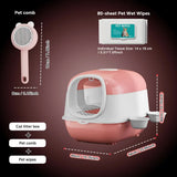 Huge 56cm Cat Litter Box Bundle with Free Pet Comb & 80 Wipes, Hooded Enclosed Potty with Drawer, Anti-Splashing Cat Toilet Cleaning Kit for Big Cats