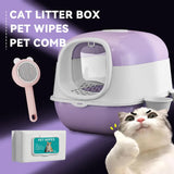 Huge 56cm Cat Litter Box Bundle with Free Pet Comb & 80 Wipes, Hooded Enclosed Potty with Drawer, Anti-Splashing Cat Toilet Cleaning Kit for Big Cats