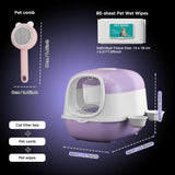 Huge 56cm Cat Litter Box Bundle with Free Pet Comb & 80 Wipes, Hooded Enclosed Potty with Drawer, Anti-Splashing Cat Toilet Cleaning Kit for Big Cats