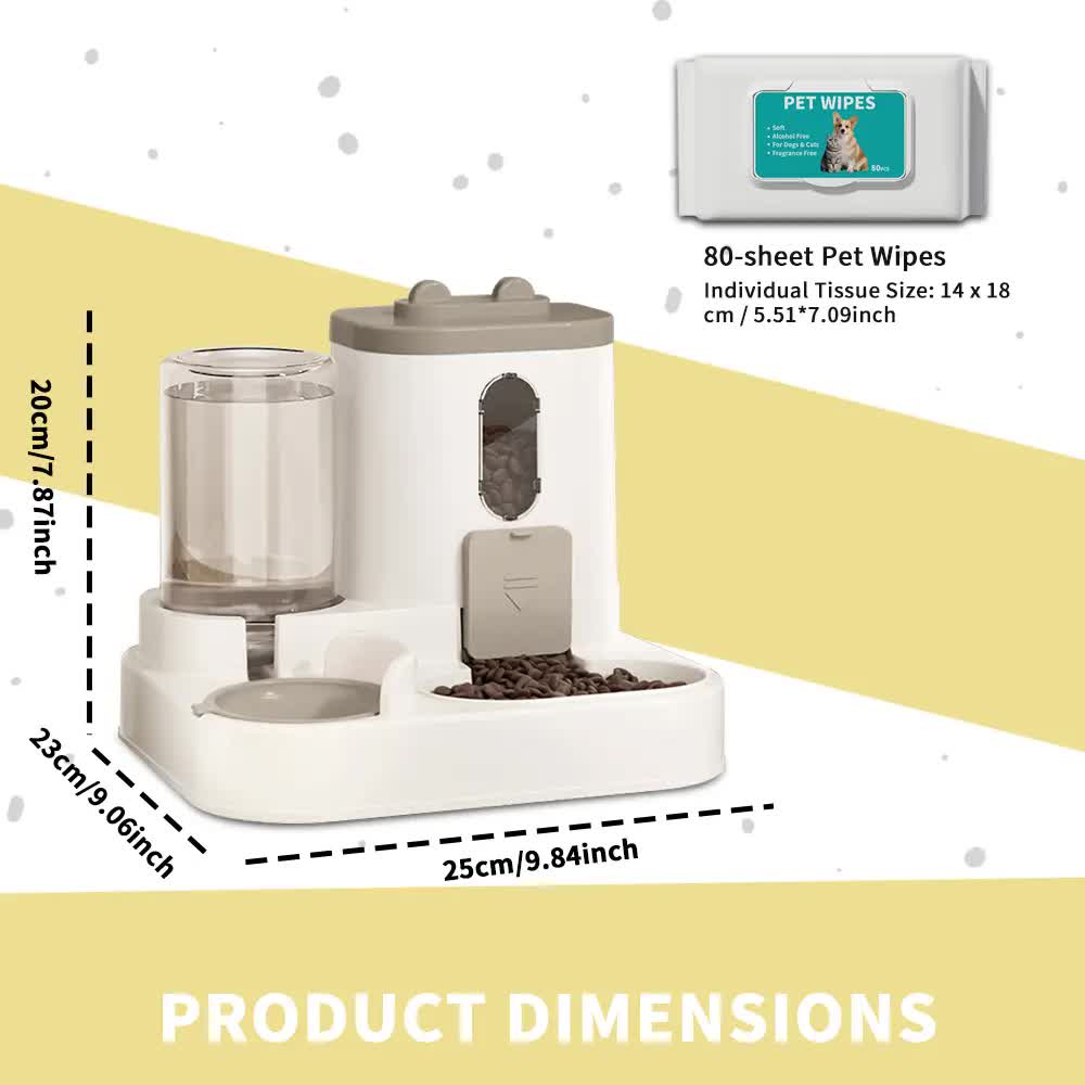2-in-1 Automatic Pet Feeder Water Dispenser, Large Capacity Cat Dog Food Bowl with Auto Refill, Anti-clog Dry Wet Separation Pet Feeding Station + Free Pet Wipes