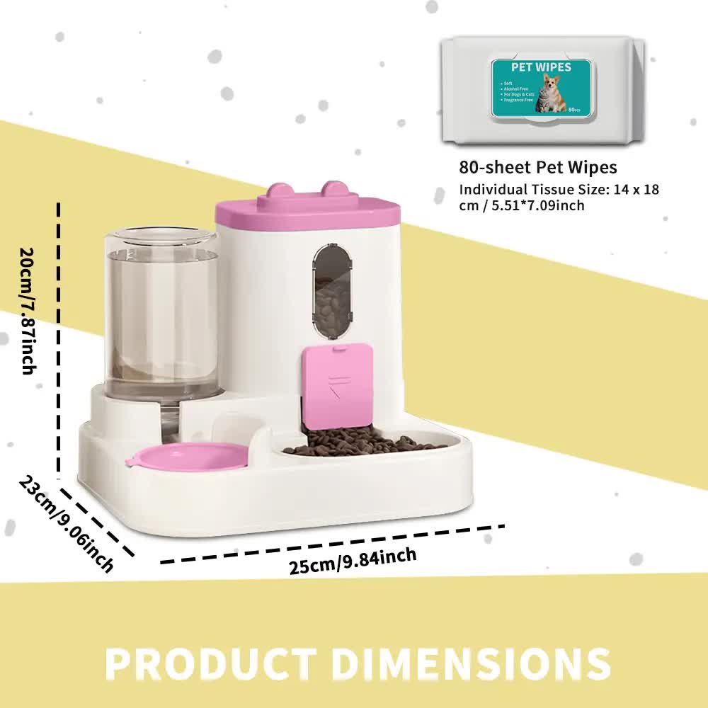 2-in-1 Automatic Pet Feeder Water Dispenser, Large Capacity Cat Dog Food Bowl with Auto Refill, Anti-clog Dry Wet Separation Pet Feeding Station + Free Pet Wipes