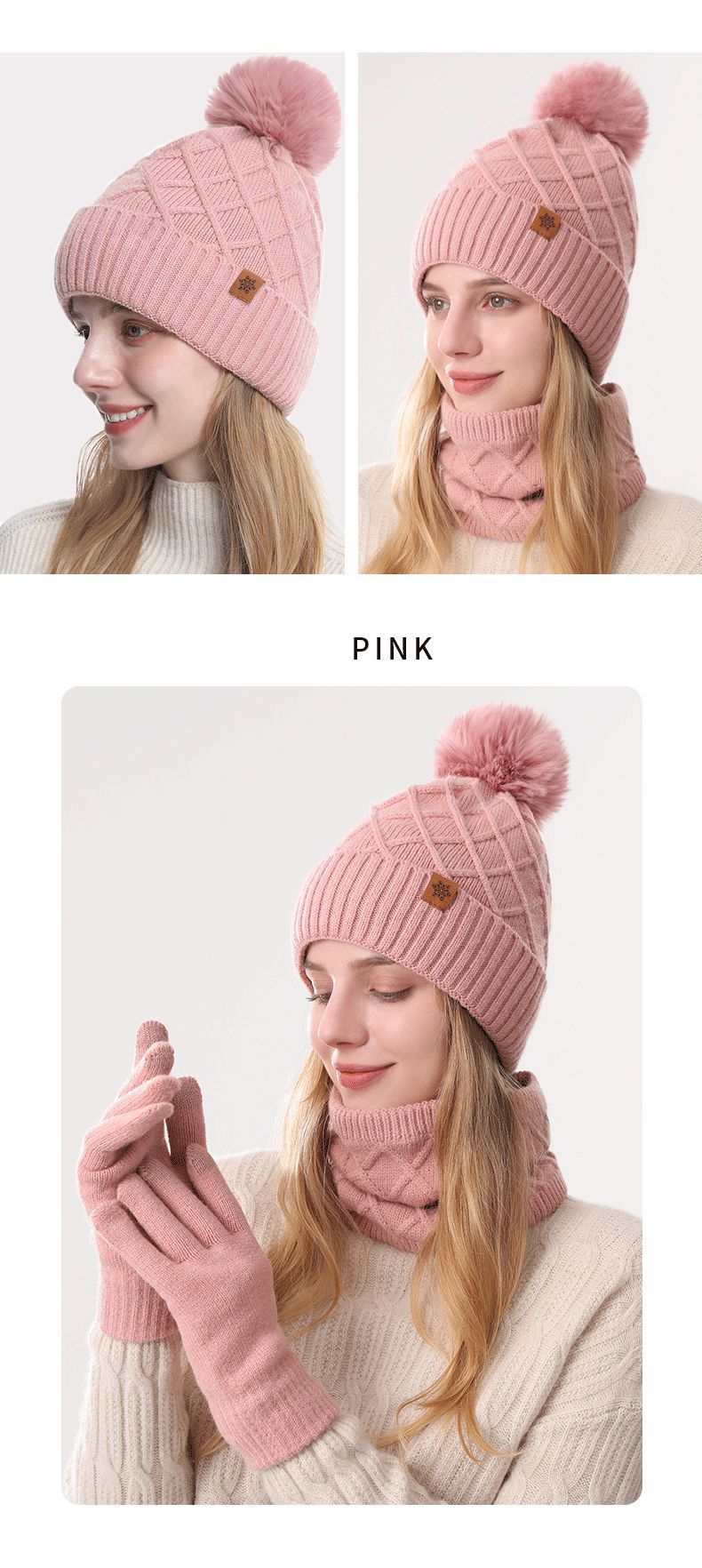 Women Beige Argyle 3-Piece Set-Hat Scarf and Gloves