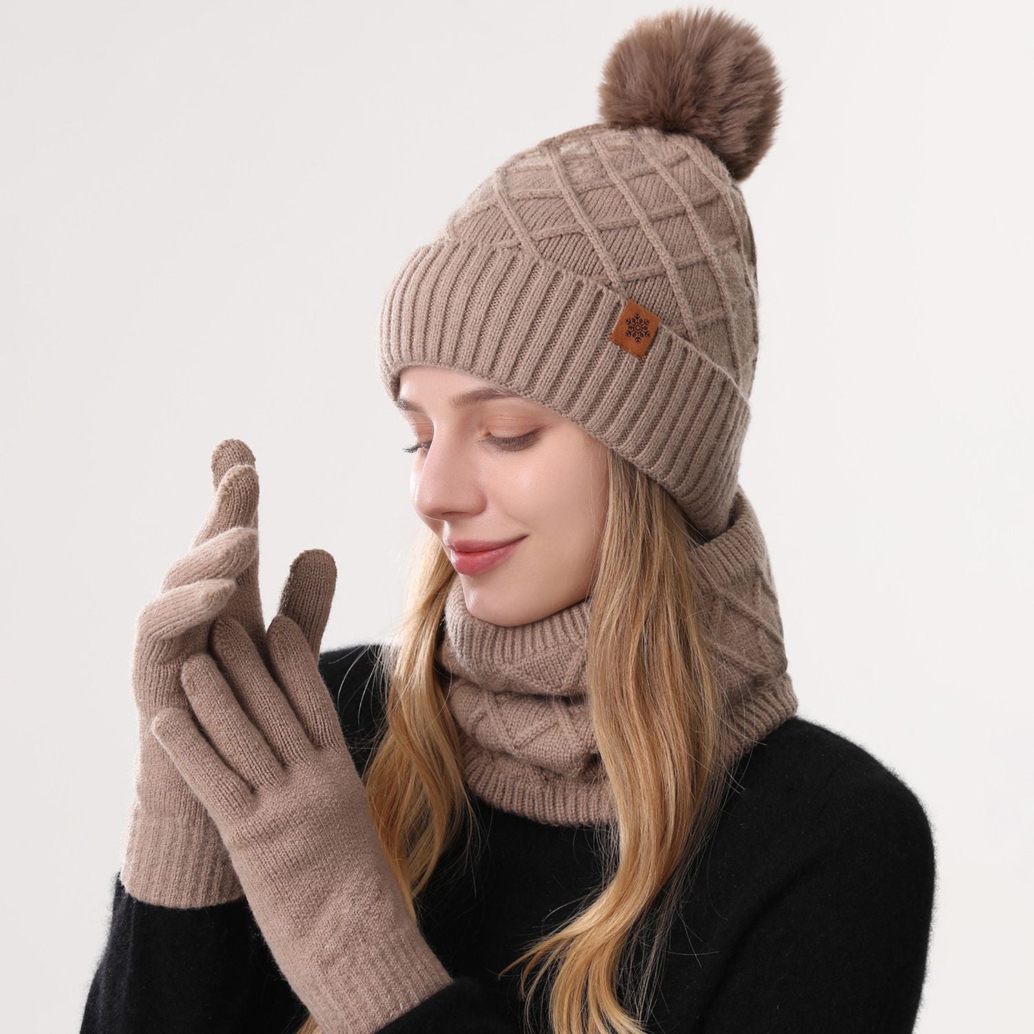 Women Khaki Argyle 3-Piece Set-Hat Scarf and Gloves