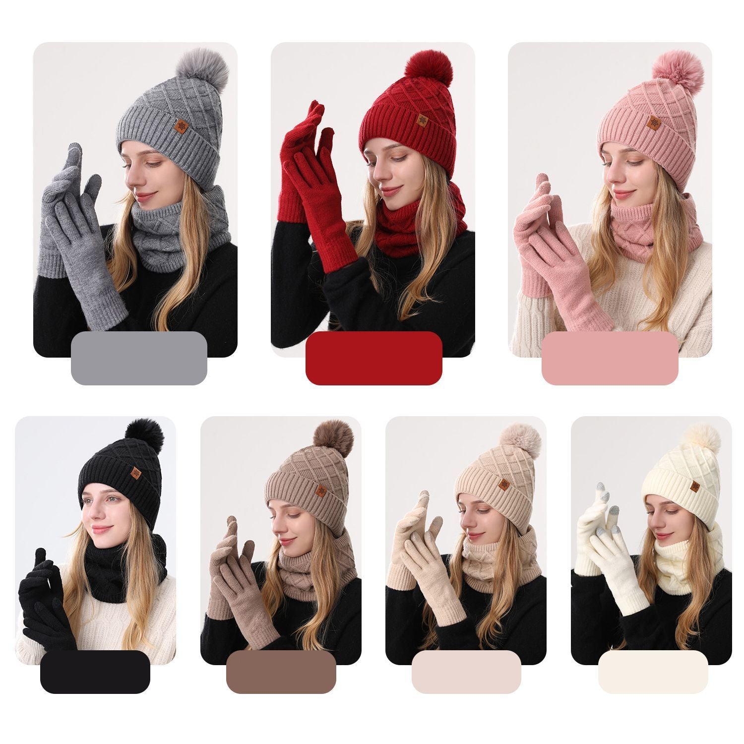 Women Milky-White Argyle 3-Piece Set-Hat Scarf and Gloves