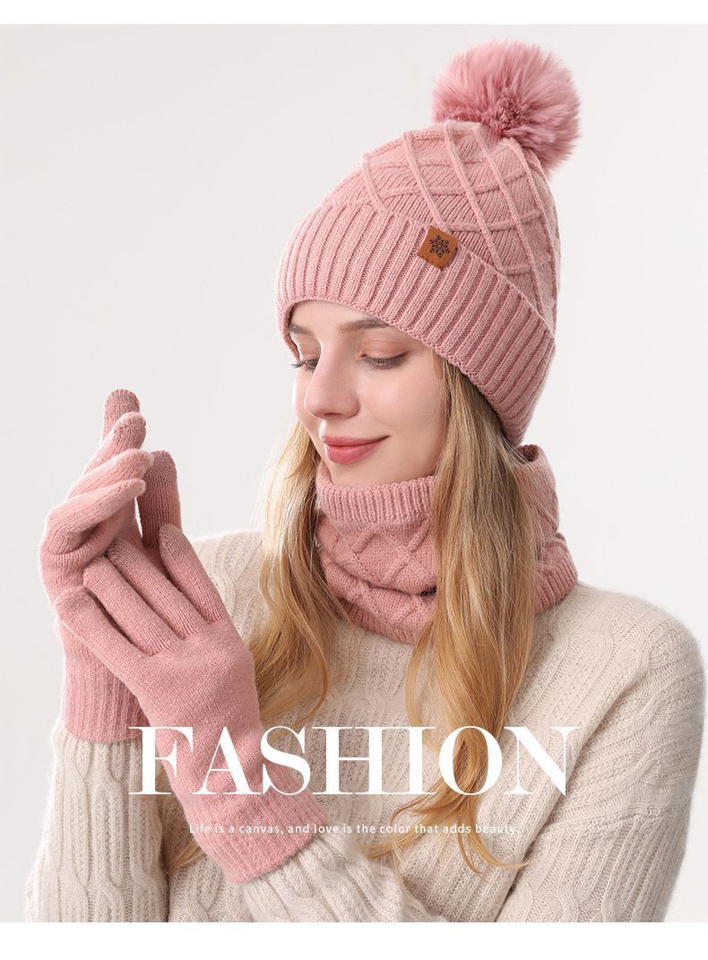 Women Milky-White Argyle 3-Piece Set-Hat Scarf and Gloves