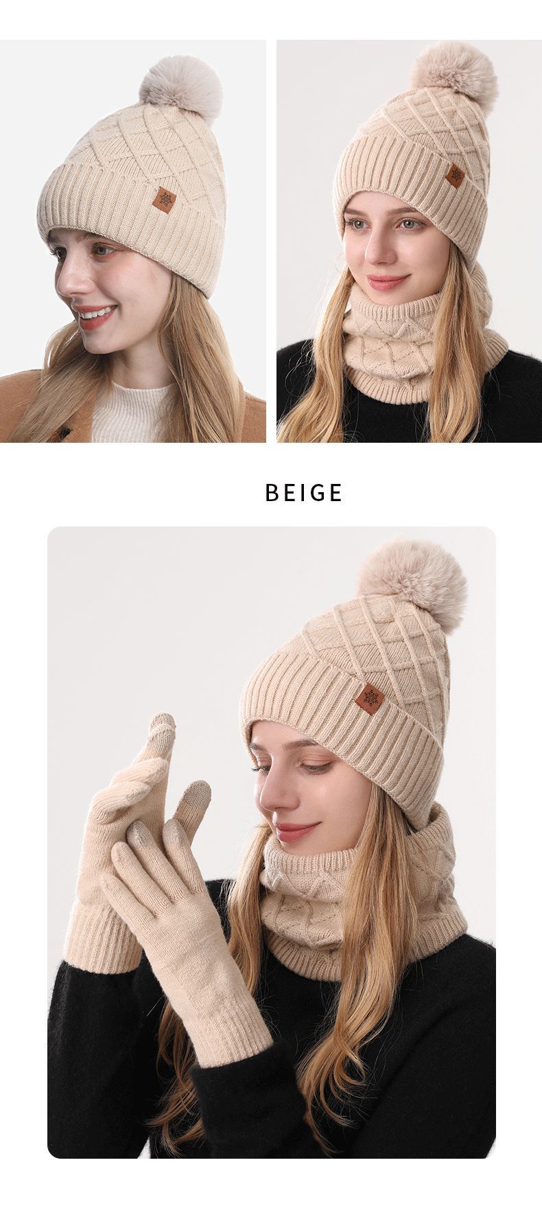 Women Milky-White Argyle 3-Piece Set-Hat Scarf and Gloves