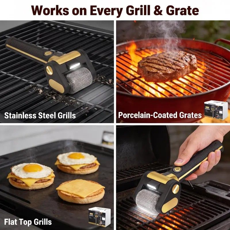 LED-lit electric barbecue brush, rechargeable rotating cleaning, instantly cleans the grill after backyard BBQ, lazy cleaning essential.(BROWN)