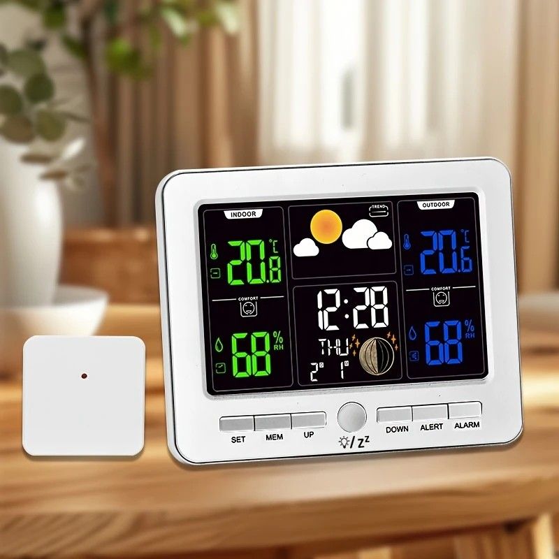 Indoor Outdoor Weather Station Color LCD Atomic Clock Barometer Forecast Dual Alarm Snooze Calendar Time Date Moon Phase Adjustable Backlight.white