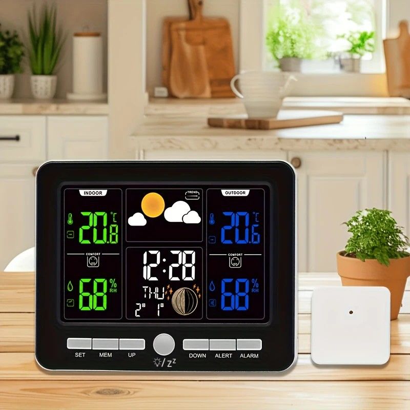 Indoor Outdoor Weather Station Color LCD Atomic Clock Barometer Forecast Dual Alarm Snooze Calendar Time Date Moon Phase Adjustable Backlight.white