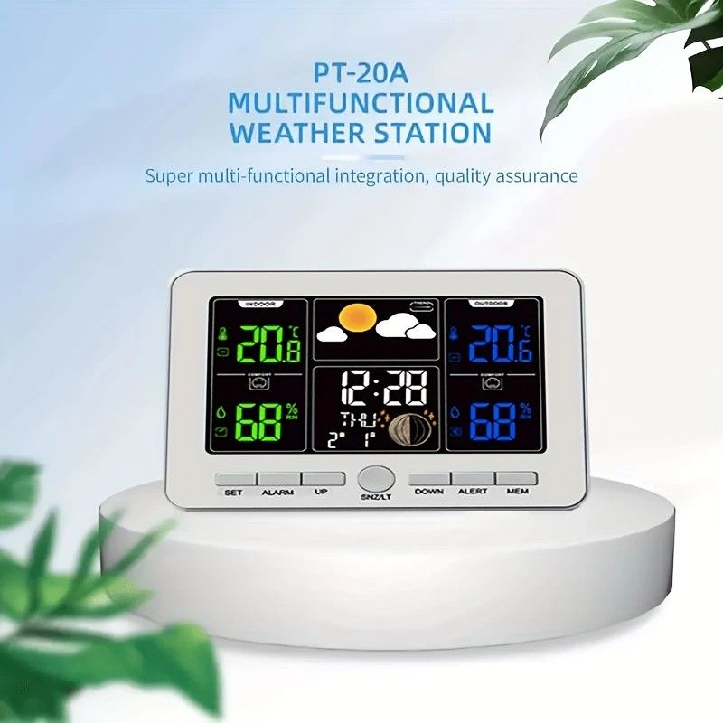 Indoor Outdoor Weather Station Color LCD Atomic Clock Barometer Forecast Dual Alarm Snooze Calendar Time Date Moon Phase Adjustable Backlight.white