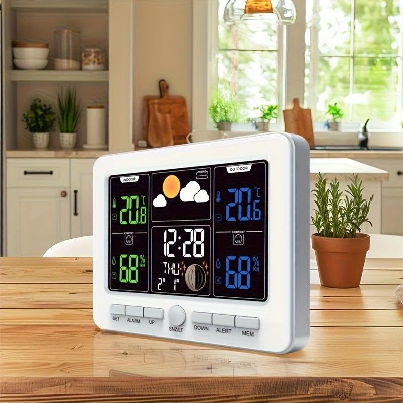 Indoor Outdoor Weather Station Color LCD Atomic Clock Barometer Forecast Dual Alarm Snooze Calendar Time Date Moon Phase Adjustable Backlight.white