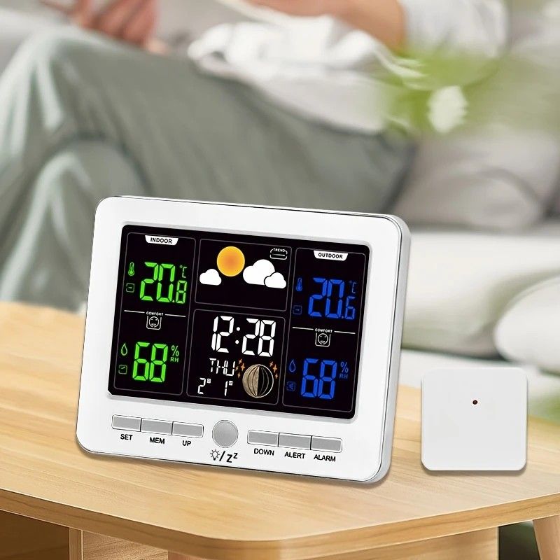 Indoor Outdoor Weather Station Color LCD Atomic Clock Barometer Forecast Dual Alarm Snooze Calendar Time Date Moon Phase Adjustable Backlight.white