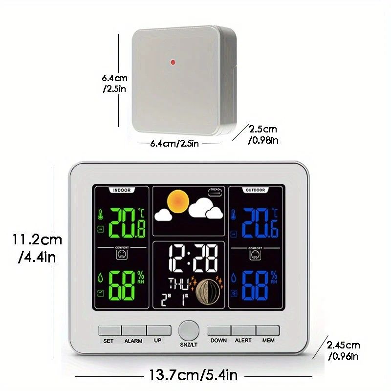 Indoor Outdoor Weather Station Color LCD Atomic Clock Barometer Forecast Dual Alarm Snooze Calendar Time Date Moon Phase Adjustable Backlight.white