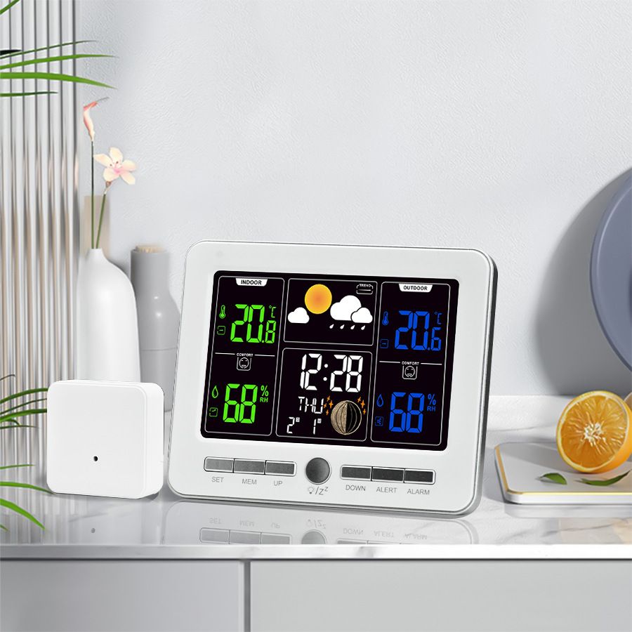 Indoor Outdoor Weather Station Color LCD Atomic Clock Barometer Forecast Dual Alarm Snooze Calendar Time Date Moon Phase Adjustable Backlight.white