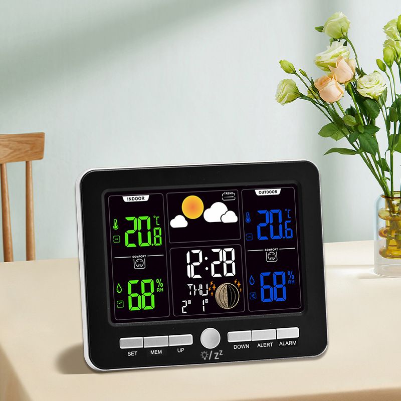Indoor Outdoor Weather Station Color LCD Atomic Clock Barometer Forecast Dual Alarm Snooze Calendar Time Date Moon Phase Adjustable Backlight.white