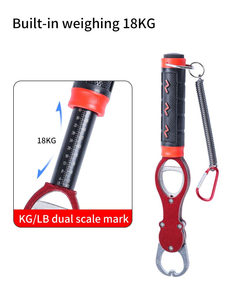 Aluminum Alloy Fish Control & Weighing Tool – Curved Jaw Anti-slip Lock, 18KG Instant Reading Scale（red)