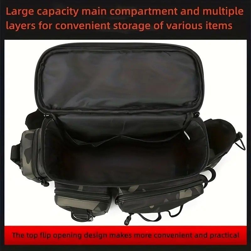 Camouflage Fishing Waist Bag – Large Capacity Multi-layer Partition, Side Pockets & Winding Strap for Full Loading, Breathable Shoulder Strap for Long-lasting Comfort(Black camouflage)