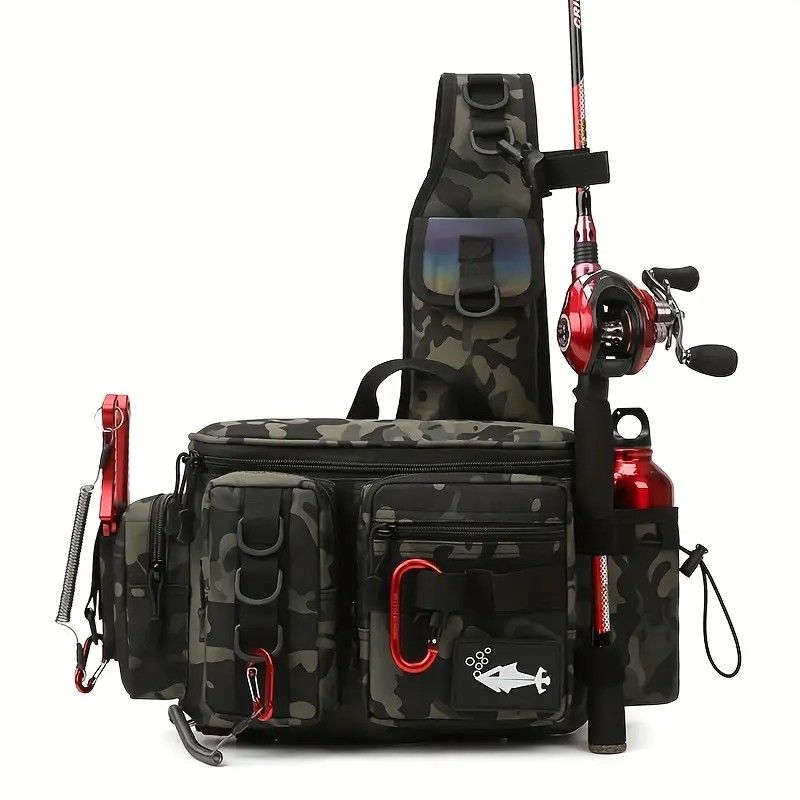 Camouflage Fishing Waist Bag – Large Capacity Multi-layer Partition, Side Pockets & Winding Strap for Full Loading, Breathable Shoulder Strap for Long-lasting Comfort(Black camouflage)