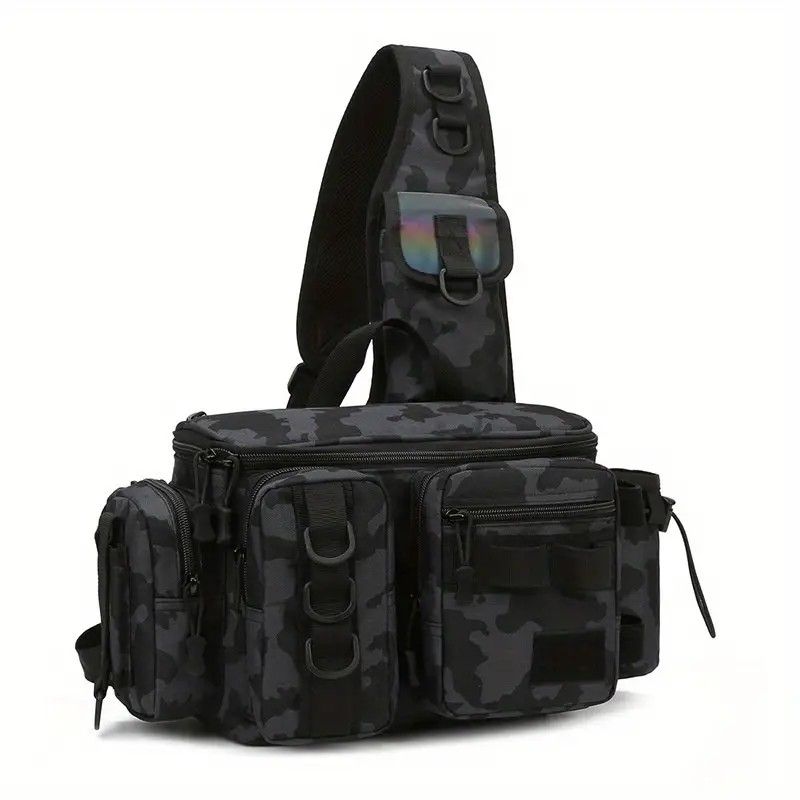 Camouflage Fishing Waist Bag – Large Capacity Multi-layer Partition, Side Pockets & Winding Strap for Full Loading, Breathable Shoulder Strap for Long-lasting Comfort(Black camouflage)