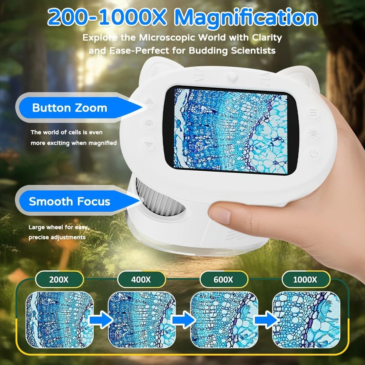 Children's 1000X Digital Microscope 2.4 Inch IPS Screen Portable Mini LED Microscope with Photo Video and PC Connection Science Educational Toy.WHITE