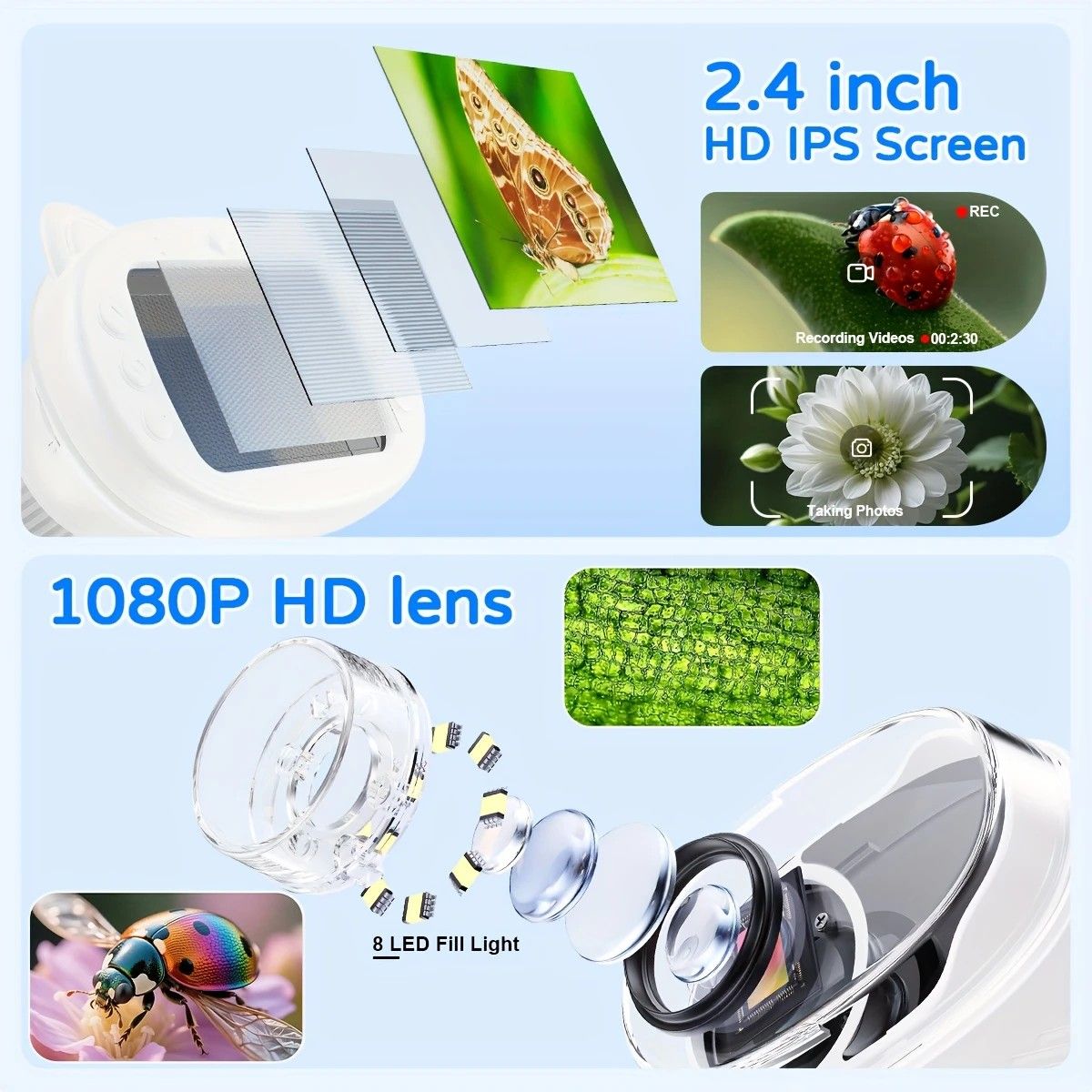 Children's 1000X Digital Microscope 2.4 Inch IPS Screen Portable Mini LED Microscope with Photo Video and PC Connection Science Educational Toy.WHITE