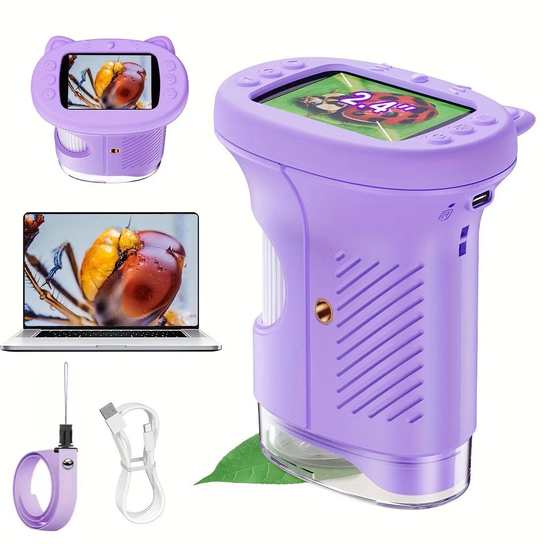 Children's 1000X Digital Microscope 2.4 Inch IPS Screen Portable Mini LED Microscope with Photo Video and PC Connection Science Educational Toy.WHITE