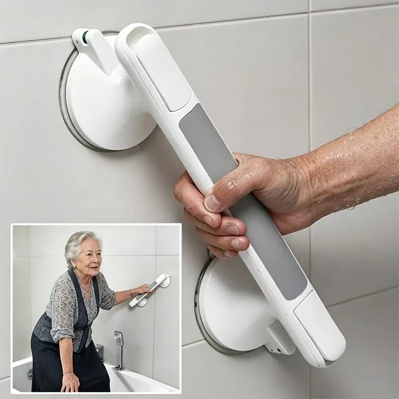 Drill-free Suction Cup Safety Grab Bar – Dual Suction Cup Vacuum Adsorption, Load Capacity 120kg, Red and Green Indicator Light for Visual Safety, Anti-slip Handle for Multi-scenario Use