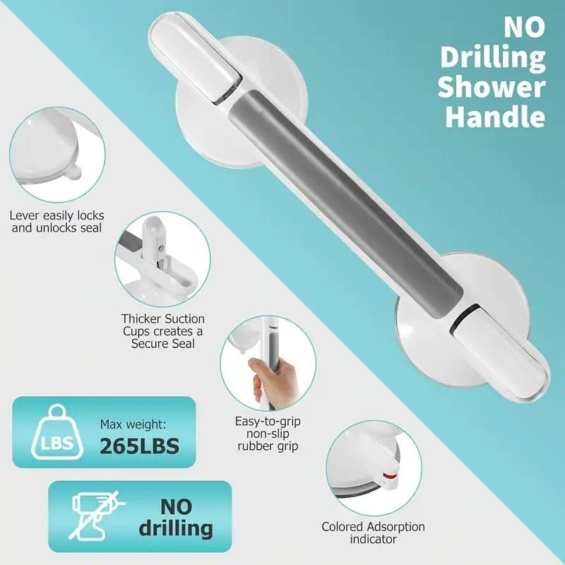 Drill-free Suction Cup Safety Grab Bar – Dual Suction Cup Vacuum Adsorption, Load Capacity 120kg, Red and Green Indicator Light for Visual Safety, Anti-slip Handle for Multi-scenario Use