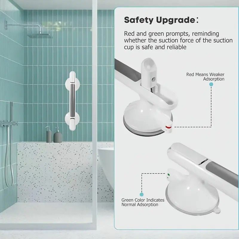 Drill-free Suction Cup Safety Grab Bar – Dual Suction Cup Vacuum Adsorption, Load Capacity 120kg, Red and Green Indicator Light for Visual Safety, Anti-slip Handle for Multi-scenario Use