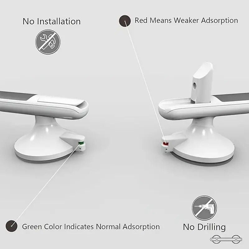 Drill-free Suction Cup Safety Grab Bar – Dual Suction Cup Vacuum Adsorption, Load Capacity 120kg, Red and Green Indicator Light for Visual Safety, Anti-slip Handle for Multi-scenario Use