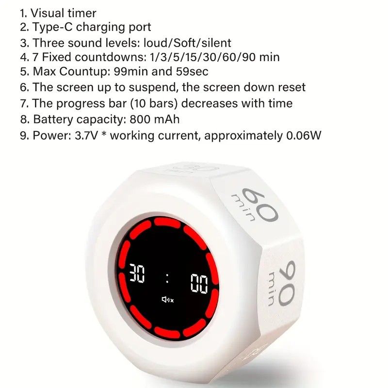 Flip to Start Timing, Efficiency Tool! 7 Presets + Visualized Progress, Gravity Sensor Timer, Universal for Study/Kitchen/Fitness/Baking(WHITE)