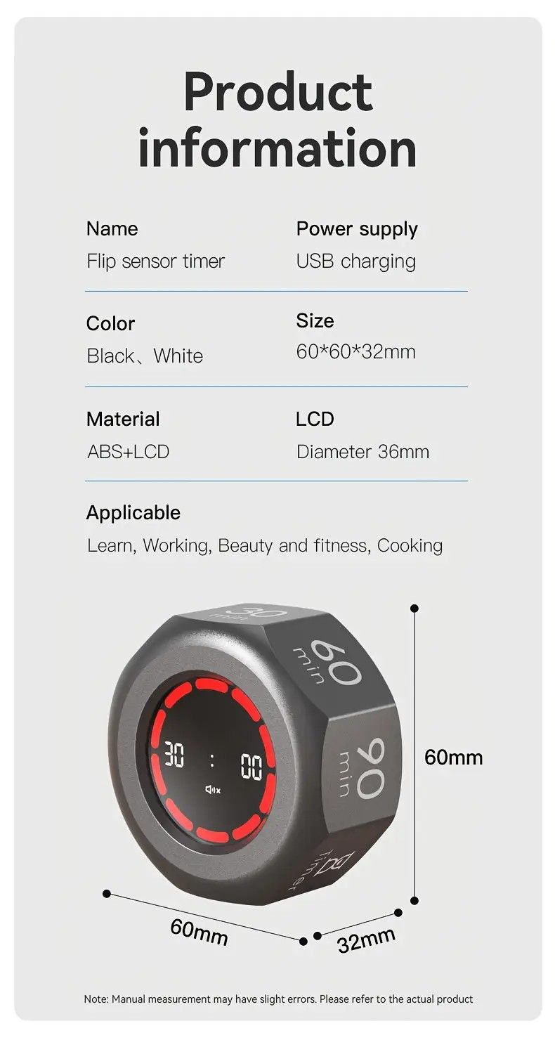 Flip to Start Timing, Efficiency Tool! 7 Presets + Visualized Progress, Gravity Sensor Timer, Universal for Study/Kitchen/Fitness/Baking(WHITE)