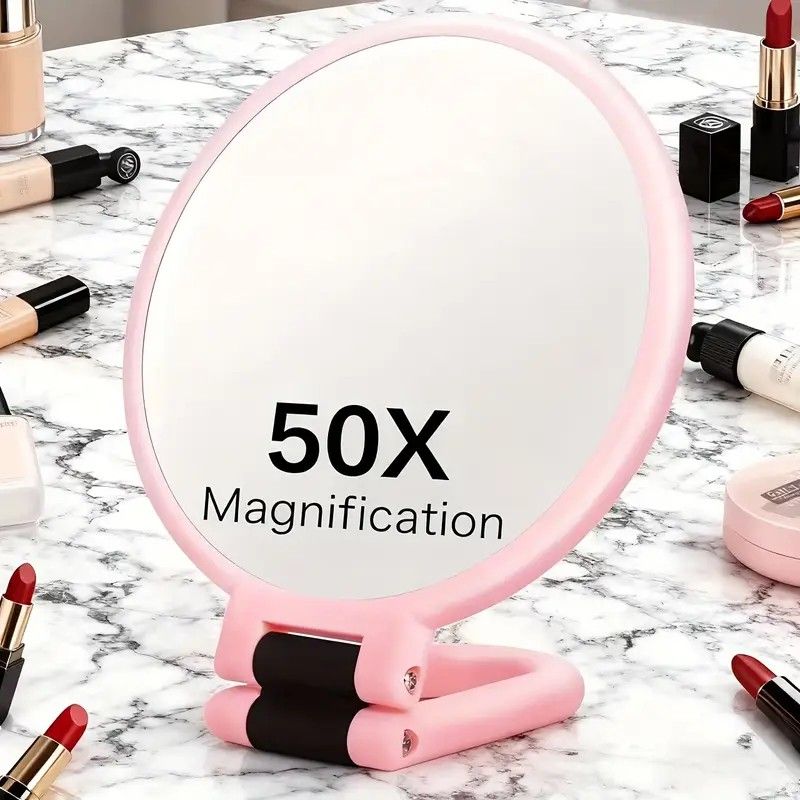 Double-sided Folding Makeup Mirror – 1X/50X Dual Magnification, 360° Rotatable and Foldable for Portability, Three Uses: Handheld, Desktop, Wall-mounted(PINK)
