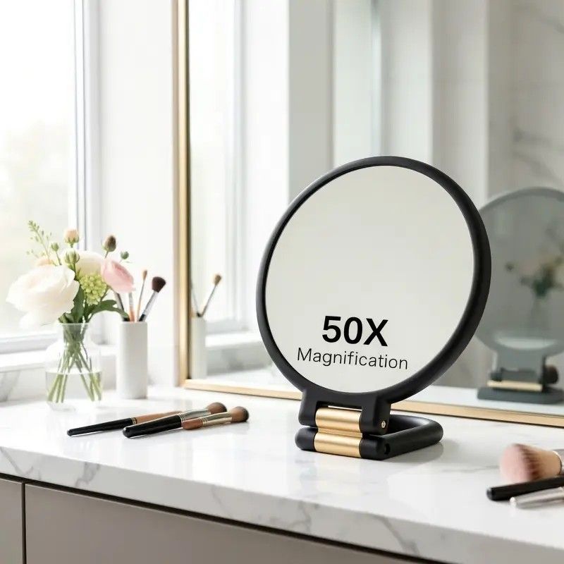 Double-sided Folding Makeup Mirror – 1X/50X Dual Magnification, 360° Rotatable and Foldable for Portability, Three Uses: Handheld, Desktop, Wall-mounted(PINK)