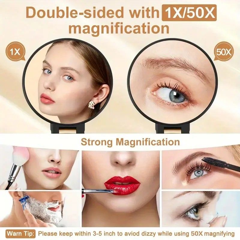 Double-sided Folding Makeup Mirror – 1X/50X Dual Magnification, 360° Rotatable and Foldable for Portability, Three Uses: Handheld, Desktop, Wall-mounted(PINK)
