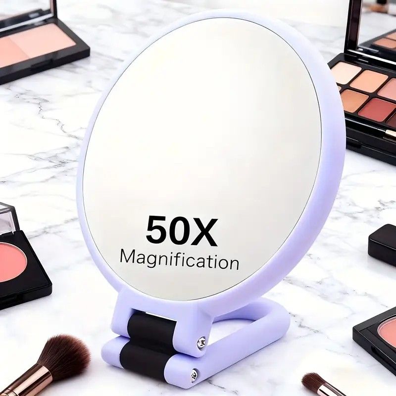 Double-sided Folding Makeup Mirror – 1X/50X Dual Magnification, 360° Rotatable and Foldable for Portability, Three Uses: Handheld, Desktop, Wall-mounted(PINK)