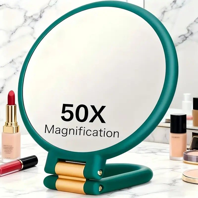 Double-sided Folding Makeup Mirror – 1X/50X Dual Magnification, 360° Rotatable and Foldable for Portability, Three Uses: Handheld, Desktop, Wall-mounted(GREEN)