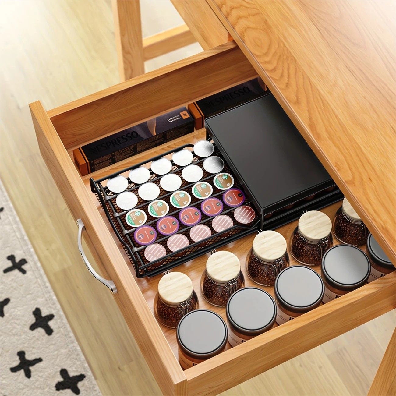 1pc Metal Coffee Capsule Storage Box Drawer Style Dustproof Organizer with Adjustable Grid for Tea Bags Capsules Multifunctional Organizer for Kitchen Office Home