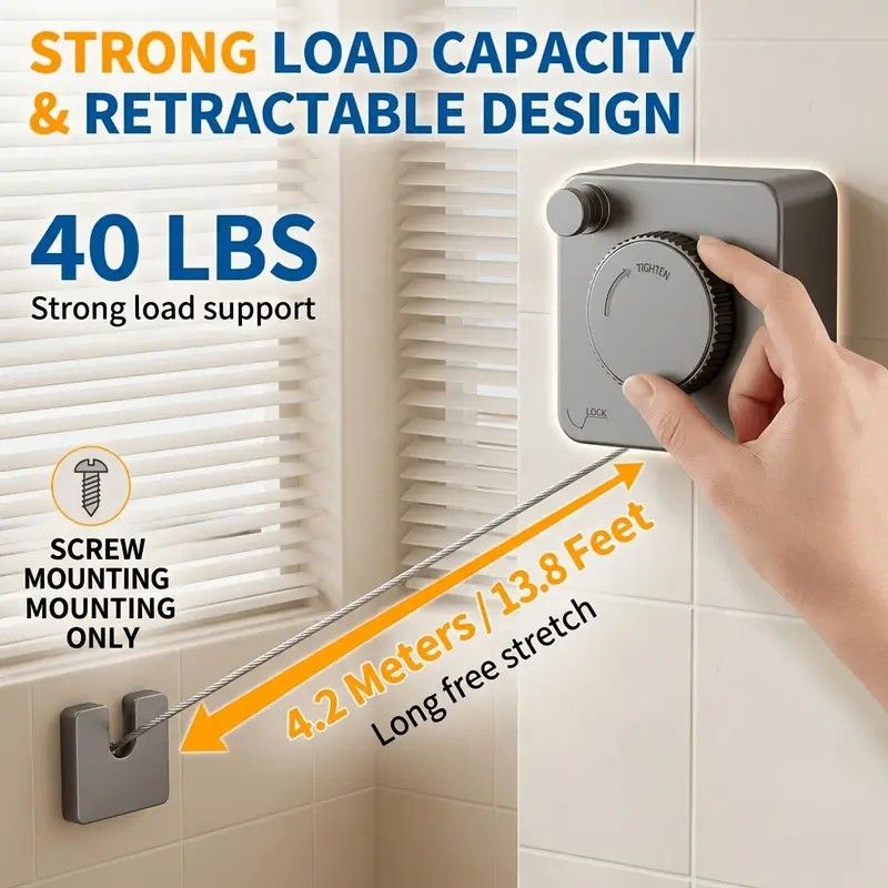 Retractable Invisible Clothesline | Freely Extends to 4.2 Meters, Holds Up to 40 Pounds, Suitable for Balcony Bathroom Outdoor Use, Essential for Small Spaces(black)