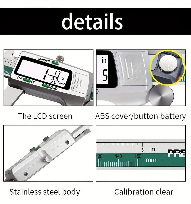 Stainless Steel Digital Caliper 150mm 6 Inch LCD Three Mode Metric Imperial Fractional One Touch Switch with Protective Case for Machinery DIY Precise Measurement