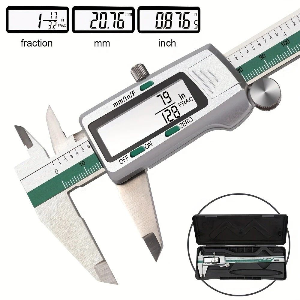 Stainless Steel Digital Caliper 150mm 6 Inch LCD Three Mode Metric Imperial Fractional One Touch Switch with Protective Case for Machinery DIY Precise Measurement