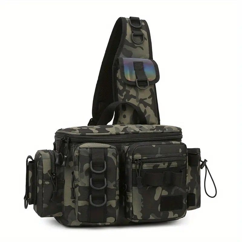 Camouflage Fishing Waist Bag – Large Capacity Multi-layer Partition, Side Pockets & Winding Strap for Full Loading, Breathable Shoulder Strap for Long-lasting Comfort（Green camouflage）
