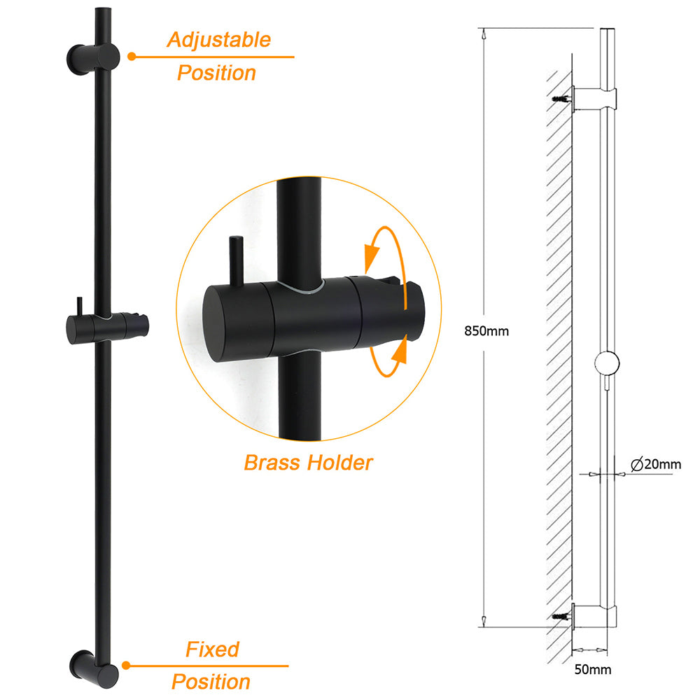 Shower Heads & Screens: Matt Black Solid Brass 850mm Long Sliding Rail Bar Swivel Handheld Shower Holder