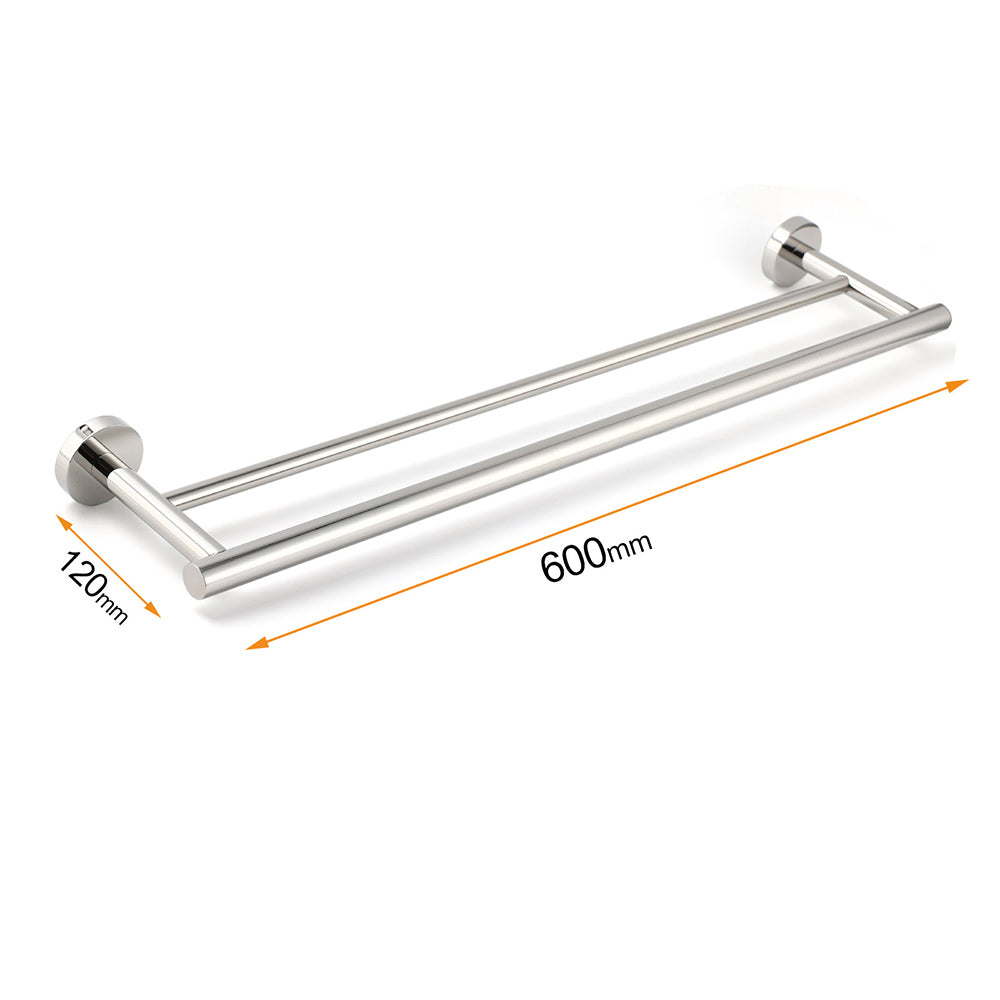 Polished Chrome 600mm Double Towel Rack Holder Stainless Steel Hanger Rail Kit