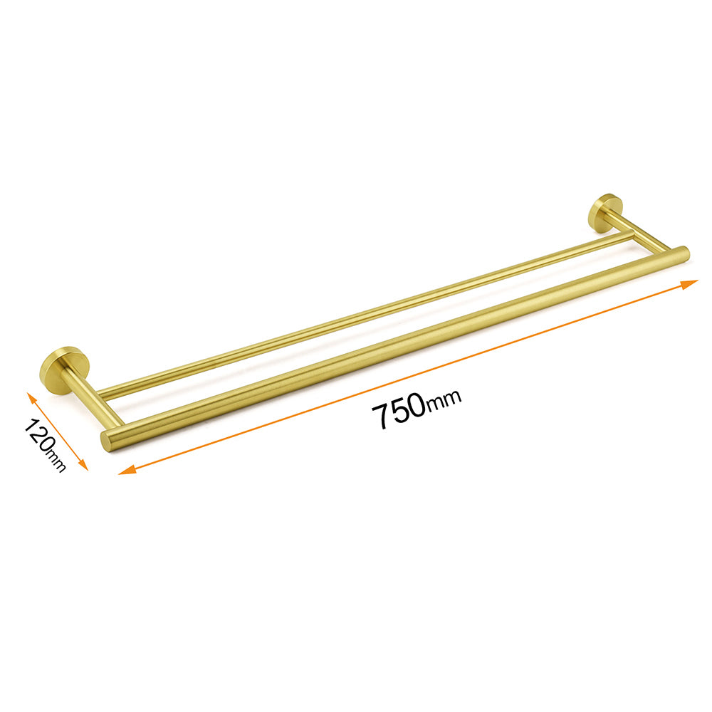Shower Accessories: Brushed Gold 600mm Long Double Towel Rack Rail Holder Bar Round Stainless Steel